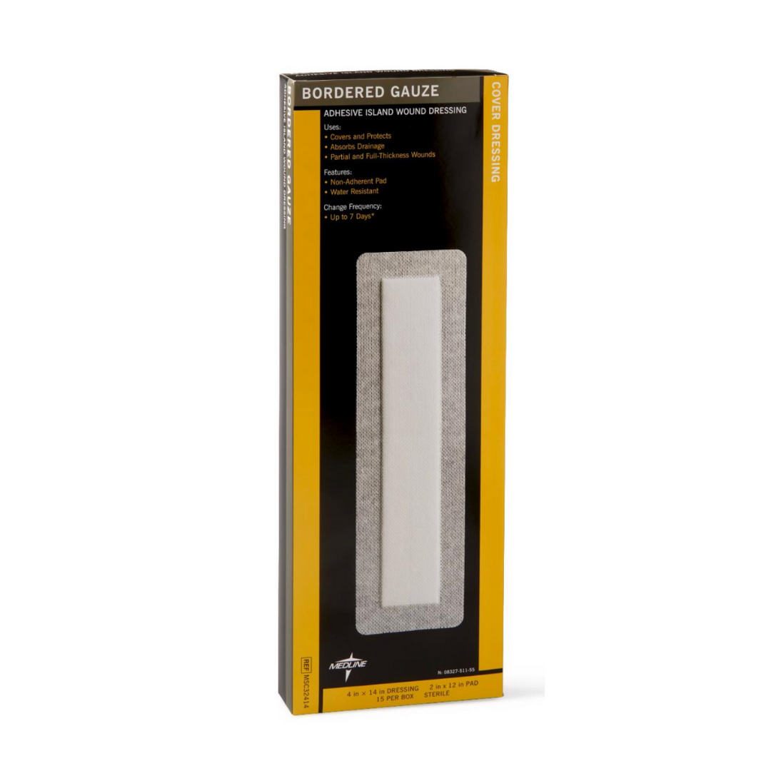 A rectangular box of Medline Bordered Gauze Adhesive Island Wound Dressings displays gray and yellow accents, product details, and an image of the dressing with a soft absorbent pad and non-adherent contact layer on the front.